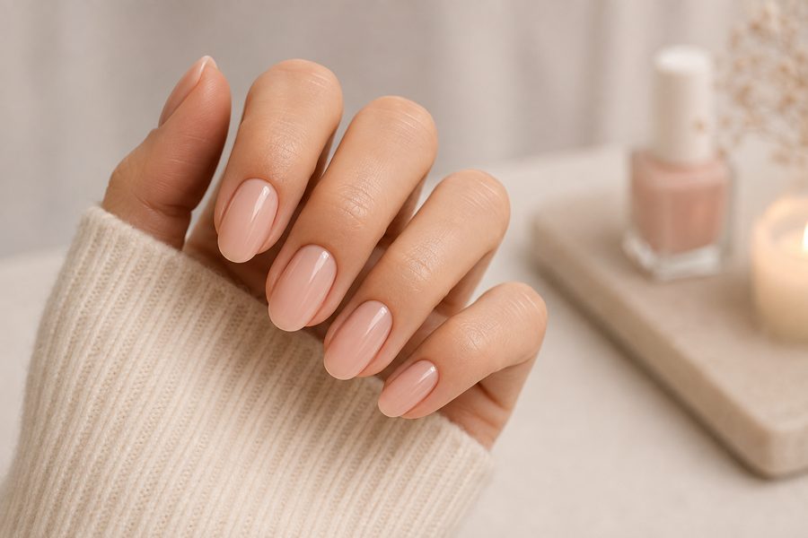 Close-up of a natural manicure with sheer polish