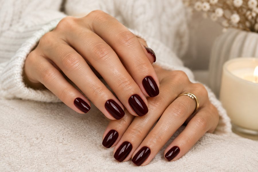 A finished shellac manicure in a deep polish shade